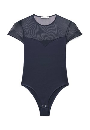 Body blu navy con maniche corte in mesh trasparente e pannello superiore testurizzato. Presenta una scollatura profonda a V davanti e una chiusura a scatto sul fondo.