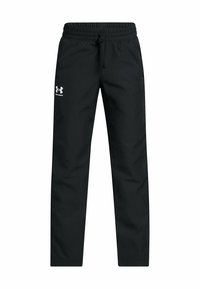 Zwarte sportbroek met een elastische tailleband en trekkoord, met een wit logo aan de linkerkant. Gemaakt van lichtgewicht, soepel materiaal.