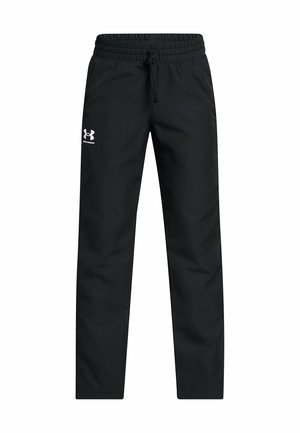 Black athletic pants with an elastic waistband and drawstring, featuring a white logo on the left side. Made from lightweight, smooth material.