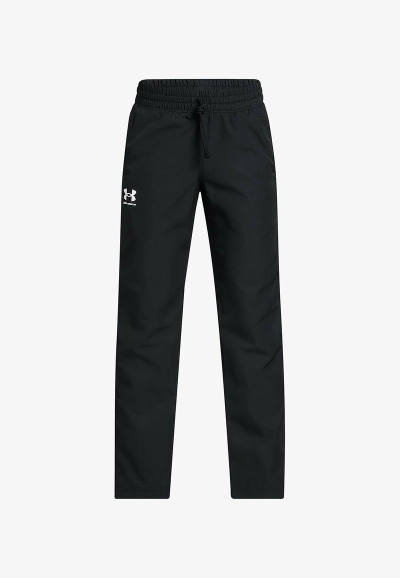 Black athletic pants with an elastic waistband and drawstring, featuring a white logo on the left side. Made from lightweight, smooth material.