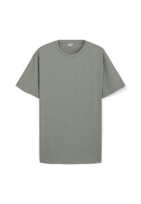 T-shirt verde chiaro a maniche corte con scollatura rotonda e tessuto strutturato, caratterizzato da un motivo sottile e una vestibilità comoda.