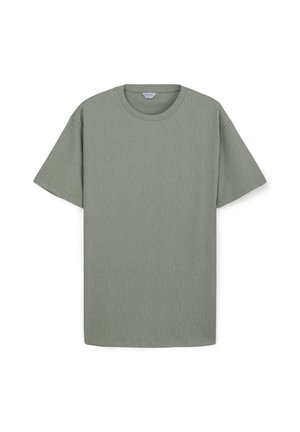 T-shirt verde chiaro a maniche corte con scollatura rotonda e tessuto strutturato, caratterizzato da un motivo sottile e una vestibilità comoda.