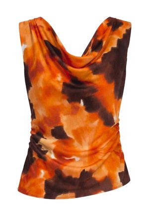Haut sans manches avec col drapé, featuring un motif tie-dye orange, marron et beige et un détail froncé à la taille.