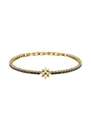 Bracciale in tono oro con pietre nere, un ciondolo a forma di stella e un design a catena testurizzata con collegamenti sicuri.
