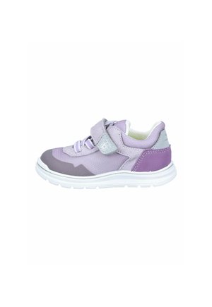 Light purple children's sneaker with white sole, gray toe cap, velcro strap, and fabric laces, shown in side profile on white background.