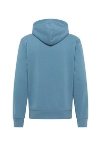 Jasnoniebieska bluza z kapturem pokazana od tyłu, z długimi rękawami, kapturem oraz ściągaczami na rękawach i dole.