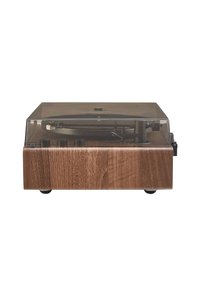 Turntable de madera con una tapa de polvo transparente; presenta un sutil patrón de vetas, botones negros y un diseño elegante para estética moderna.