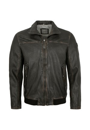 Schwarze Lederjacke mit Kragen, Frontreißverschluss und zwei Seitentaschen. Mit Steppnähten sowie geripptem Saum und Bündchen.