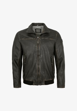 Schwarze Lederjacke mit Kragen, Frontreißverschluss und zwei Seitentaschen. Mit Steppnähten sowie geripptem Saum und Bündchen.