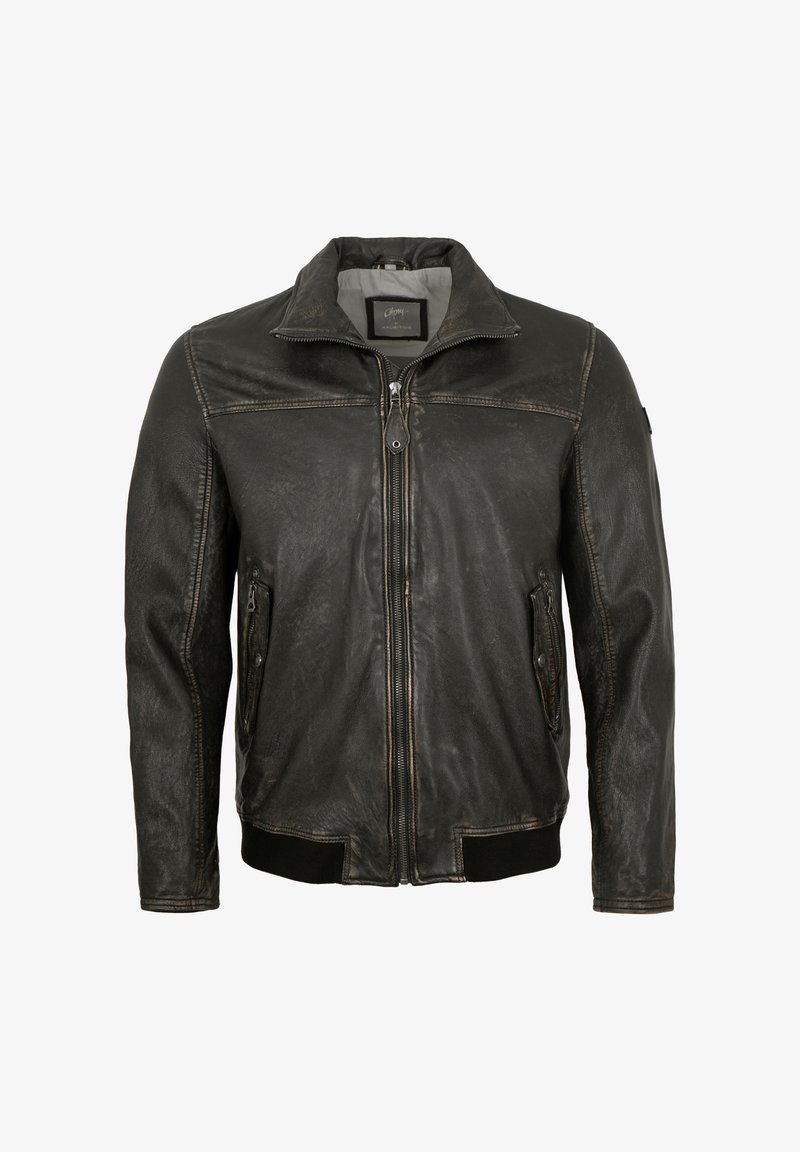 Schwarze Lederjacke mit Kragen, Frontreißverschluss und zwei Seitentaschen. Mit Steppnähten sowie geripptem Saum und Bündchen.