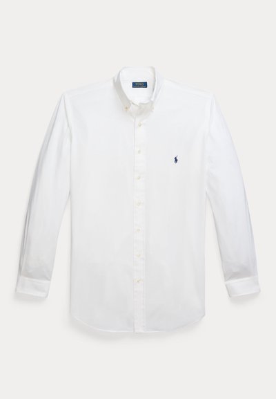 White long-sleeve button-down shirt with collared neck and small navy blue Polo Ralph Lauren logo embroidered on chest.