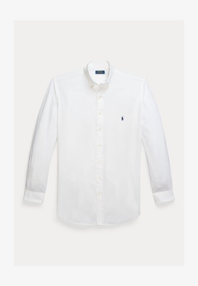 White long-sleeve button-down shirt with collared neck and small navy blue Polo Ralph Lauren logo embroidered on chest.