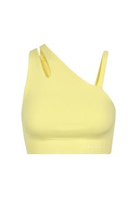 Reggiseno sportivo giallo con design a spalla unica, realizzato in tessuto morbido. Presenta spalline sottili e un sottofascia a costine con dettagli del logo.