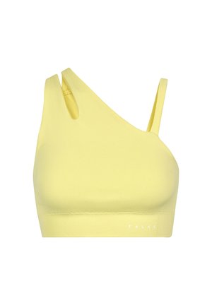 Reggiseno sportivo giallo con design a spalla unica, realizzato in tessuto morbido. Presenta spalline sottili e un sottofascia a costine con dettagli del logo.