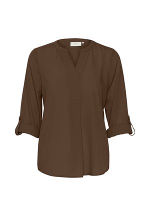 Braune, leichte Bluse mit V-Ausschnitt, Dreiviertelärmeln und hochrollbaren Manschetten. Glatte Textur und einfaches Design mit geradem Saum.