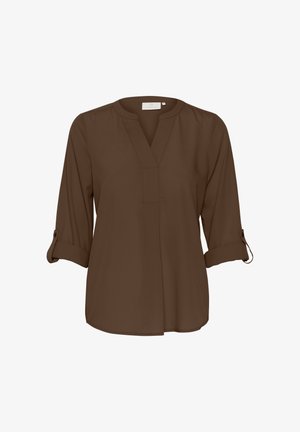 Brown, lightweight blouse with a V-neck, three-quarter sleeves, and roll-tab cuffs. Smooth texture and simple design, with a straight hem.