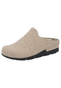 Beige felt slip-on clog with a rounded toe, textured fabric upper, and a black rubber outsole featuring a treaded pattern for traction.