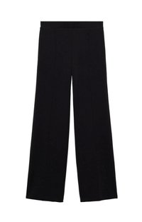 Pantaloni negri cu picioare ample, confecționați dintr-un material neted, având o talie înaltă, două pliuri frontale și un design până la podea.