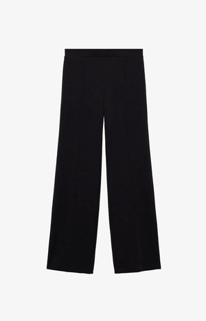 Črne hlače širokega kroja, izdelane iz gladkega materiala, z visokim pasom, dvema sprednjima gubama in dolžino do tal.