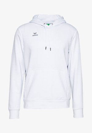 Hoodie bianco con tasca frontale, cappuccio con cordino e logo sul petto. Realizzato in tessuto morbido, presenta polsini e orlo a costine.