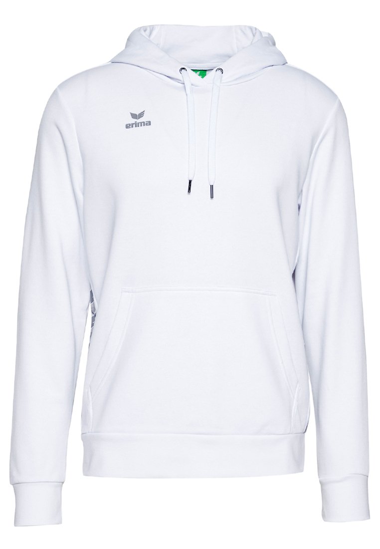 Hoodie bianco con tasca frontale, cappuccio con cordino e logo sul petto. Realizzato in tessuto morbido, presenta polsini e orlo a costine.