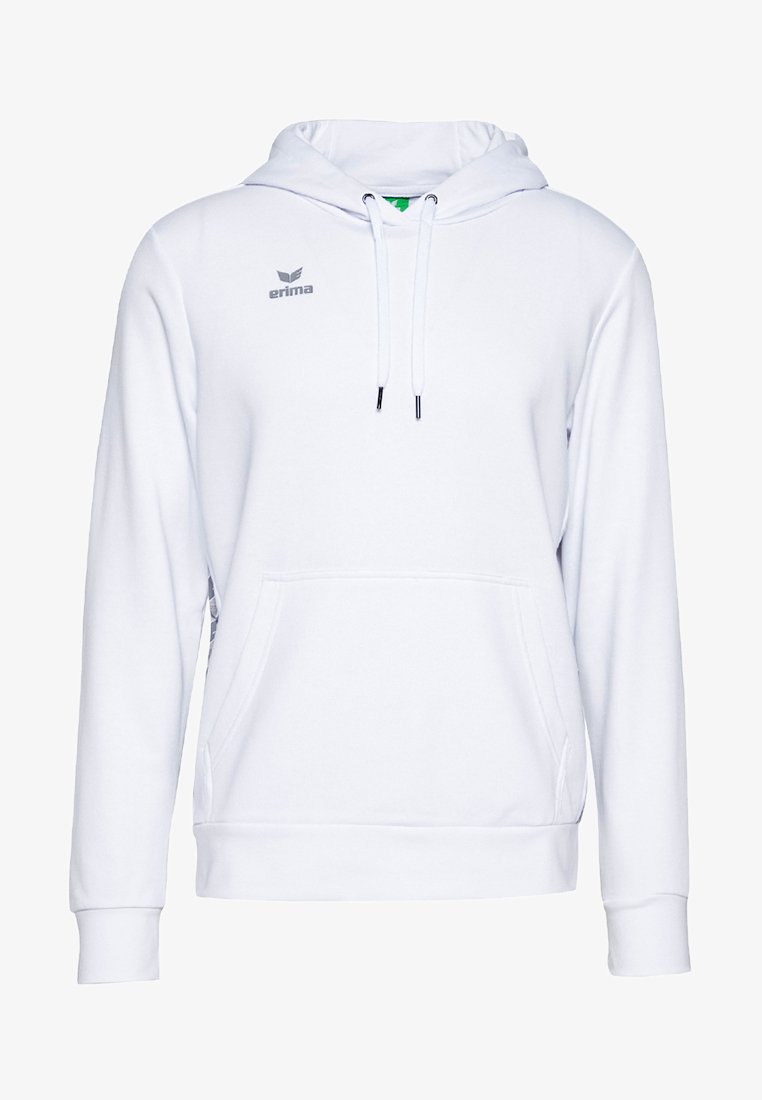 Hoodie bianco con tasca frontale, cappuccio con cordino e logo sul petto. Realizzato in tessuto morbido, presenta polsini e orlo a costine.