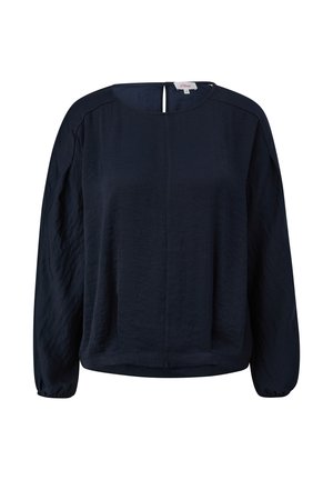 Marineblaue Bluse mit langen Ärmeln, lockerem Schnitt, runder Ausschnitt und einer Schlüsselöffnungs-Details auf der Rückseite. Strukturierter, leichter Stoff.