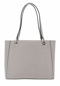 Sac fourre-tout en simili cuir gris avec deux anses noires fines, des accents en métal argenté et une forme rectangulaire structurée.