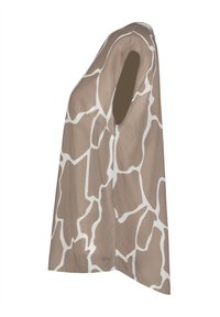 T-shirt beige con motivo astratto bianco, caratterizzata da una vestibilità ampia, scollatura larga e maniche corte. Realizzata in tessuto leggero.