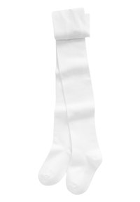 Weiße knielange Socken aus glattem, dehnbarem Stoff mit umgeschlagenem Bündchen. Sie verfügen über eine nahtlose Spitze und eine weiche, gleichmäßige Textur.