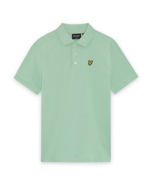 Hellgrünes Polohemd mit kurzen Ärmeln, Kragen, drei Knöpfen und einem kleinen gelb-schwarzen Vogel-Logo auf der linken Brust.