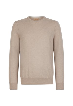 Maglione beige in maglia, scollo tondo, maniche lunghe, polsini e orlo a costine, texture morbida, design semplice, senza motivi o dettagli aggiuntivi.