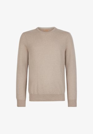 Maglione beige in maglia, scollo tondo, maniche lunghe, polsini e orlo a costine, texture morbida, design semplice, senza motivi o dettagli aggiuntivi.
