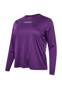 Paarse lange mouw sportshirt gemaakt van vochtafvoerende stof. Kenmerkt een ronde hals en het "Hummel" logo in het wit op de borst.