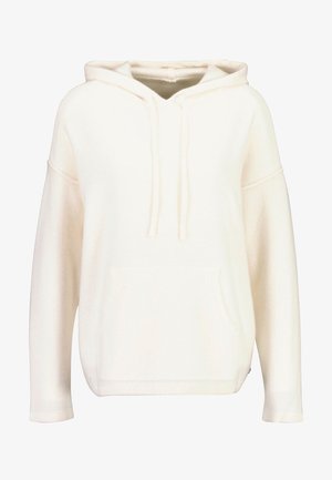 Cremfarbener Kapuzenpullover aus weichem Material; verfügt über eine Vordertasche und gerippte Bündchen; lässiger Schnitt mit einem gemütlichen Design.