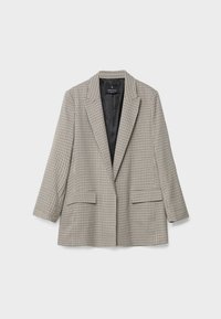 Blazer à motif pied-de-poule beige et noir, design structuré avec un revers cranté, manches longues et deux poches avant.