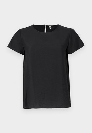Black short-sleeve top with a round neckline and a straight cut. Features a subtle sheen and a keyhole opening at the back.
