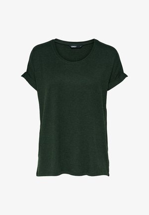 Mørkegrøn t-shirt med korte ærmer lavet af blødt stof, med en rund halsudskæring og opslåede manchetter samt en lige kant.