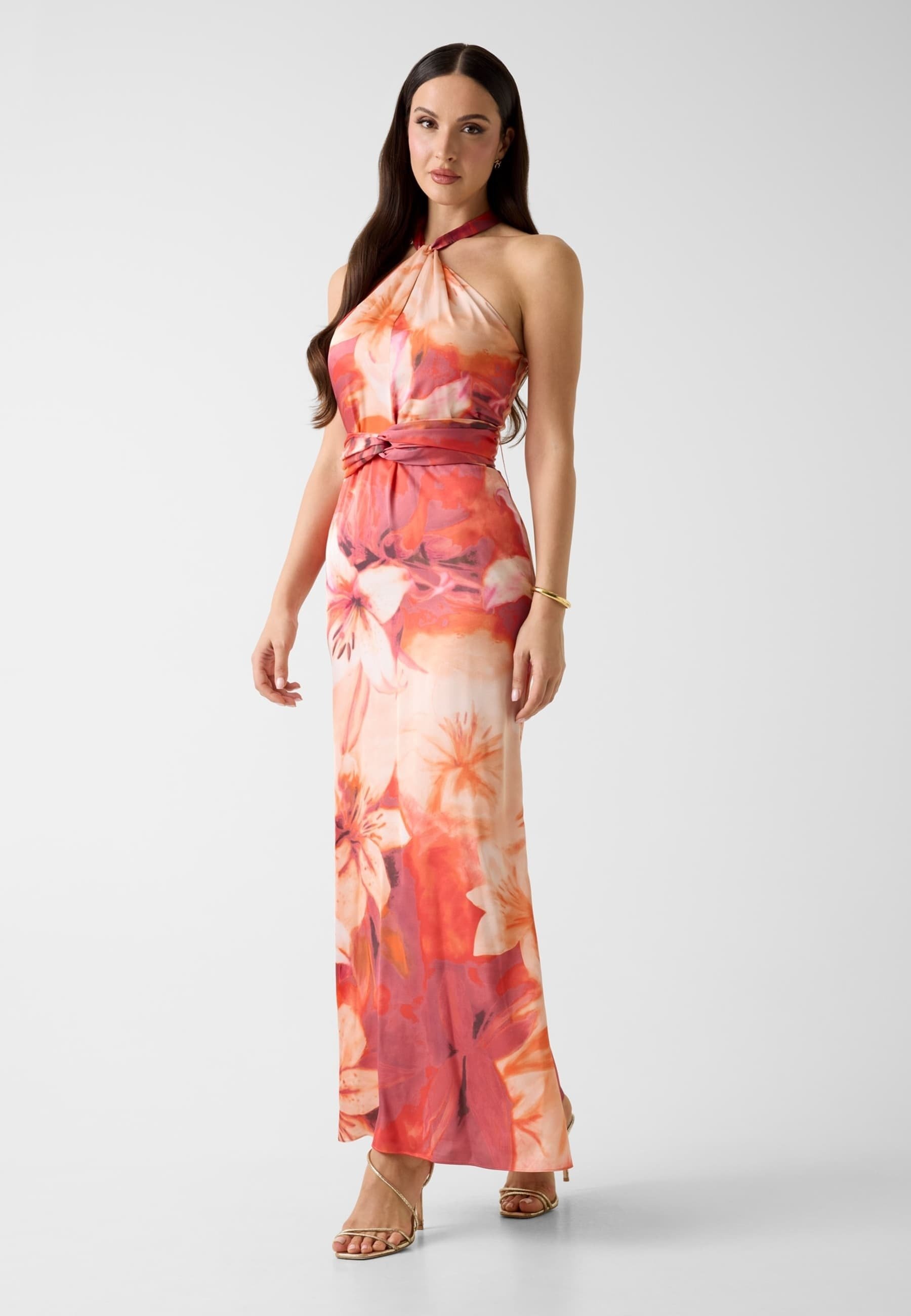open lace back dress Arlowe Tied Shoulder Tiered Midi Dress Floral Orange main image 0
