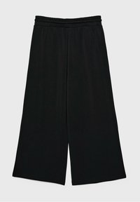 Schwarze Culottes mit elastischem Bund, die einen lässigen Sitz und eine glatte Textur aufweisen. Weite Beine mit geradem Schnitt, ohne sichtbare Muster.