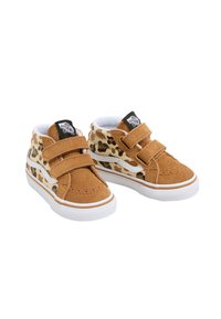 Vysoké tenisky z hnědé nubukové kůže a látky s leopardím vzorem. Dvě suché zipy, bílé gumové podrážky a logo Vans na jazyku.