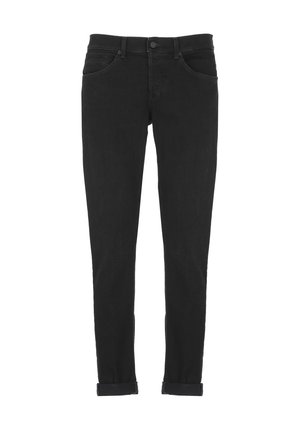 I jeans in denim nero presentano un design slim fit, cinque tasche e orli arrotolati. Il tessuto ha una consistenza liscia con una leggera sbiaditura.