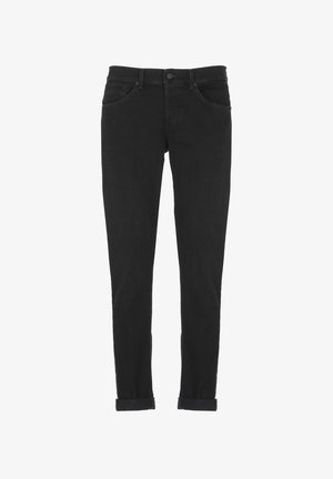 I jeans in denim nero presentano un design slim fit, cinque tasche e orli arrotolati. Il tessuto ha una consistenza liscia con una leggera sbiaditura.
