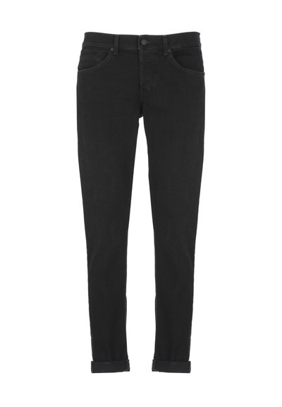 I jeans in denim nero presentano un design slim fit, cinque tasche e orli arrotolati. Il tessuto ha una consistenza liscia con una leggera sbiaditura.