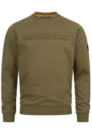 Oljnozeleni dukserica od pamuka, sa reljefnim natpisom "INDICODE JEANS", rebrastim manžetama i donjim rubom, sa suptilnom teksturom i regularnim krojem.