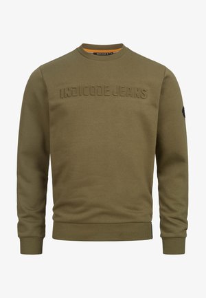 Olijfgroen sweatshirt van katoen, met verhoogde "INDICODE JEANS" tekst, geribbelde manchetten en zoom, met een subtiele textuur en een normale pasvorm.