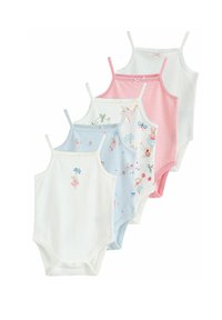 Fünf Babybodysuits in Weiß, Blau und Rosa mit verstellbaren Trägern. Zu den Merkmalen gehören Punkte, Blumenmuster und Hasendesigns.