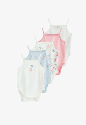 Cinco bodies para bebés en blanco, azul y rosa con tirantes ajustables. Incluye detalles como lunares, estampados florales y diseños de conejitos.