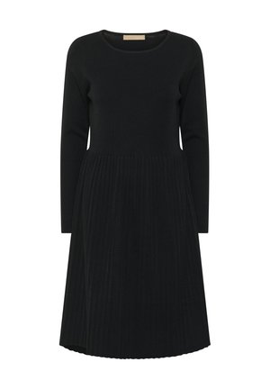 Robe noire avec un décolleté rond, des manches longues et une partie inférieure plissée. Réalisée dans un matériau doux avec une texture lisse.
