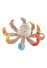 Plüsch-Oktopus-Spielzeug mit acht bunten, gemusterten Tentakeln in Orange, Blau und Gelb. Weicher beiger Körper mit lächelndem Gesicht und angehängtem Etikett.